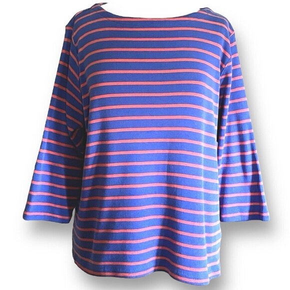 LL Bean Womens Top 2X Blue Orange Stripe Preppy Nautical Ribbed Cotton Shirt - Picture 1 of 6